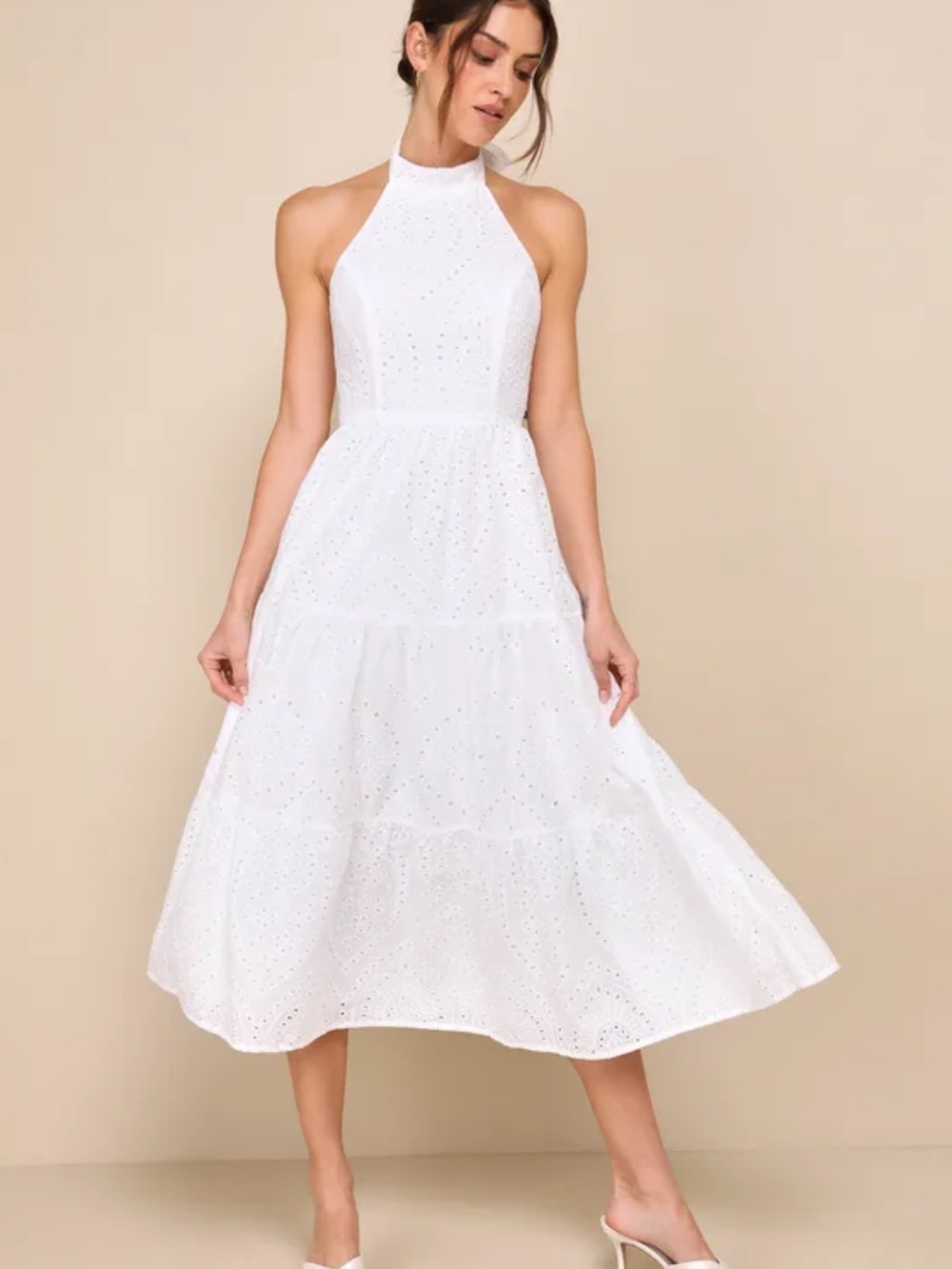 NWT Lulus Sunny Perception White Eyelet Embroidered Halter Midi Dress, XS